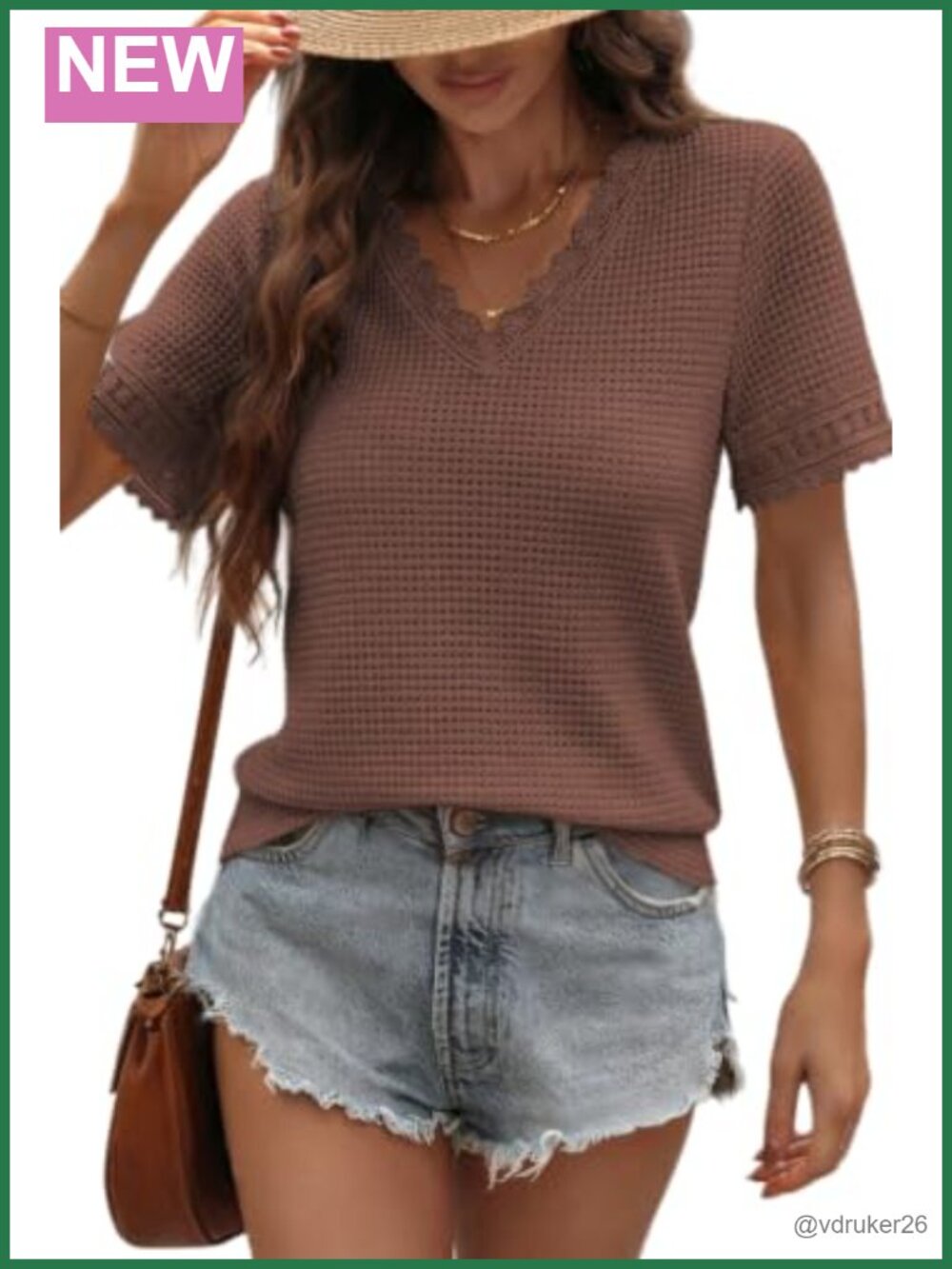 Women's Waffle Knit V Neck Short Sleeve Lace Patchwork Tunic Top
